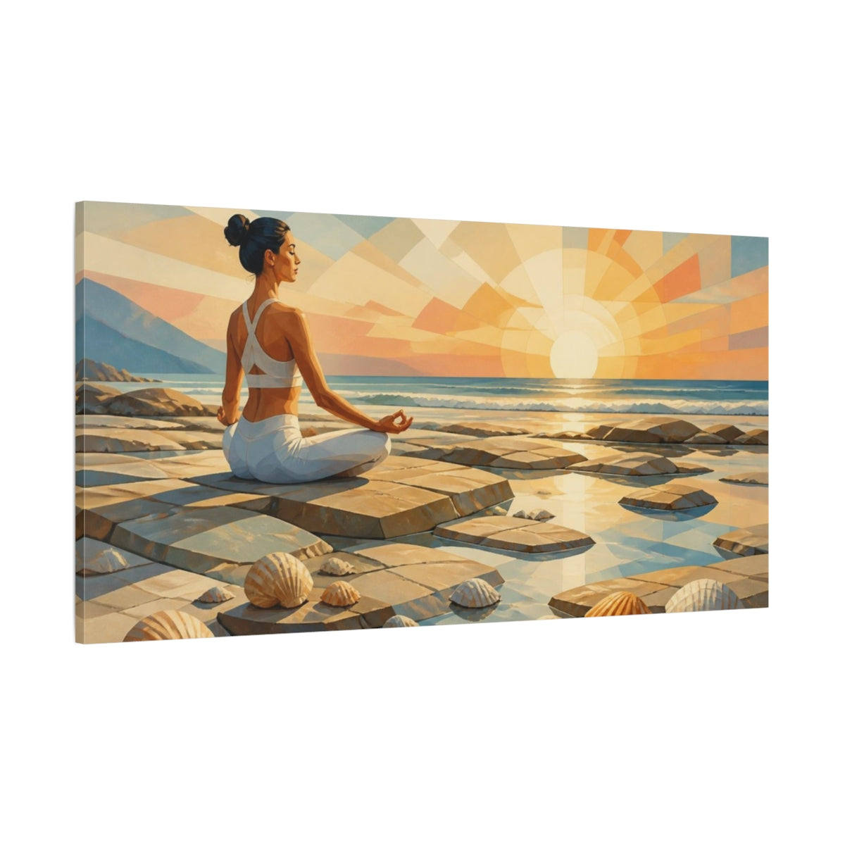 Side Mockup 2. Sunrise Yoga Woman shown as canvas print