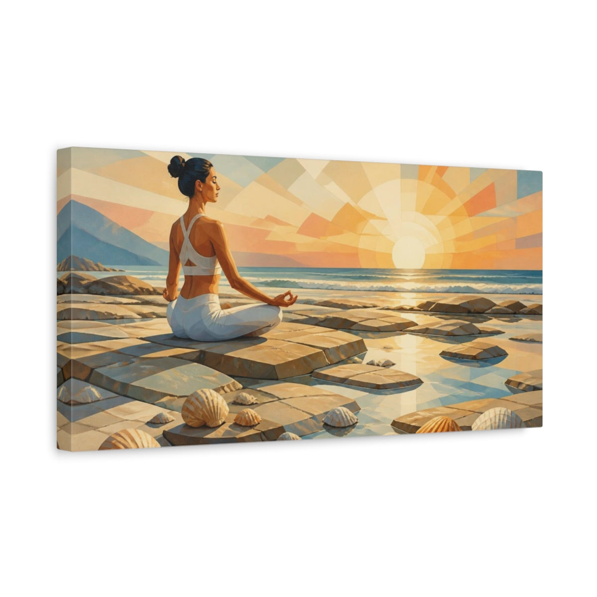 Side Mockup 3. Sunrise Yoga Woman shown as canvas print