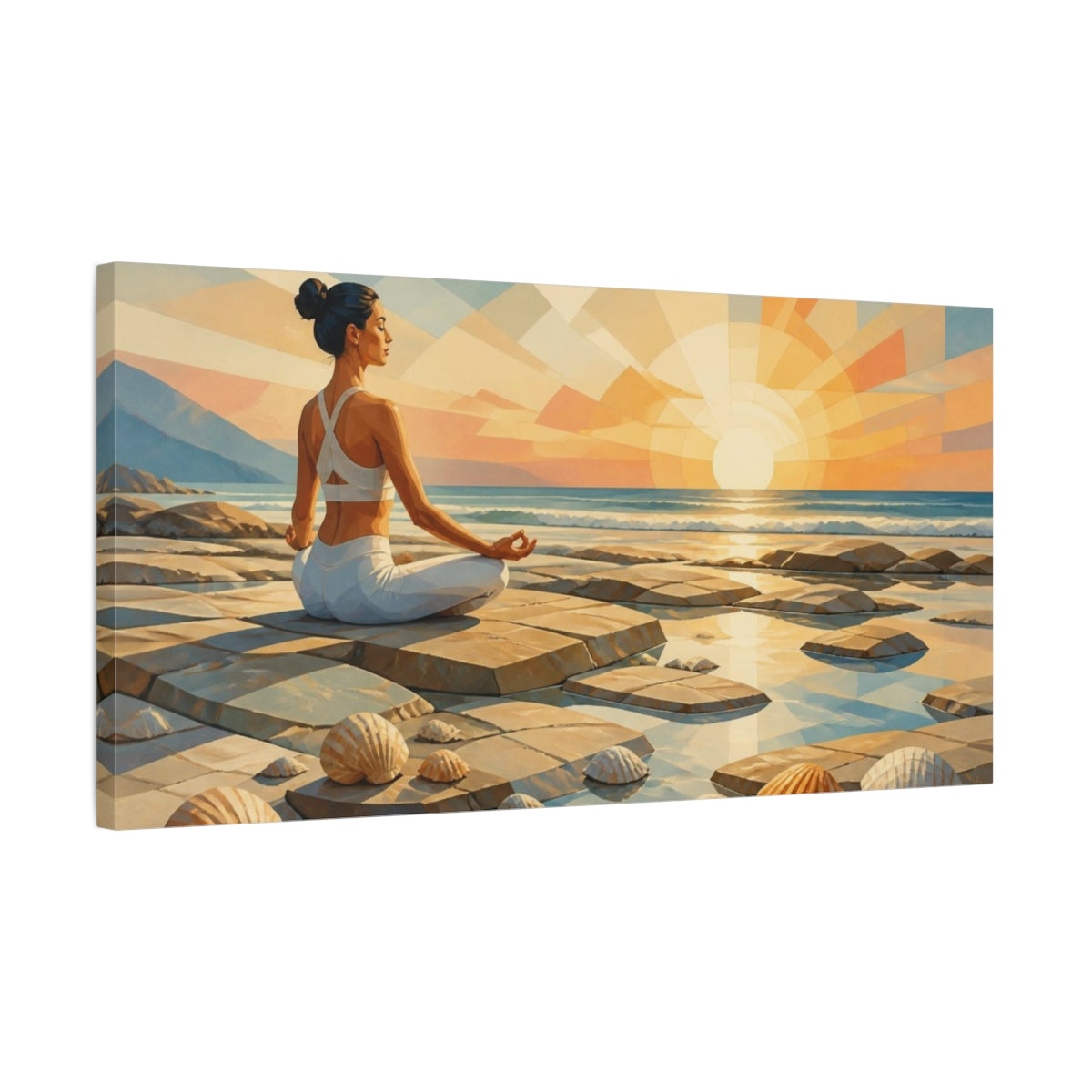 Side Mockup 1. Sunrise Yoga Woman shown as canvas print