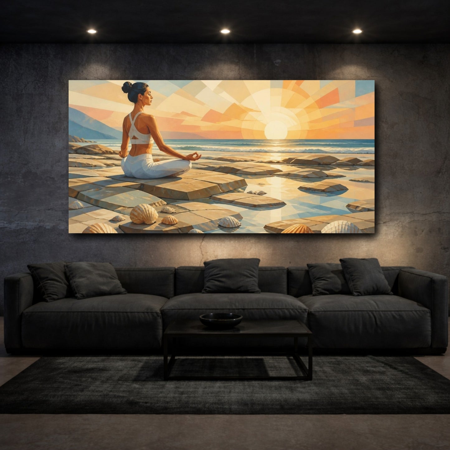 Mockup 3. Sunrise Yoga Woman shown as canvas print