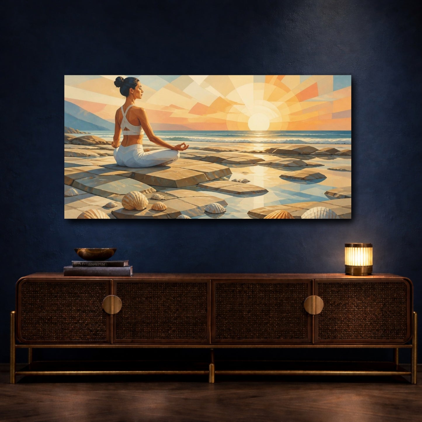 Mockup 4. Sunrise Yoga Woman shown as canvas print