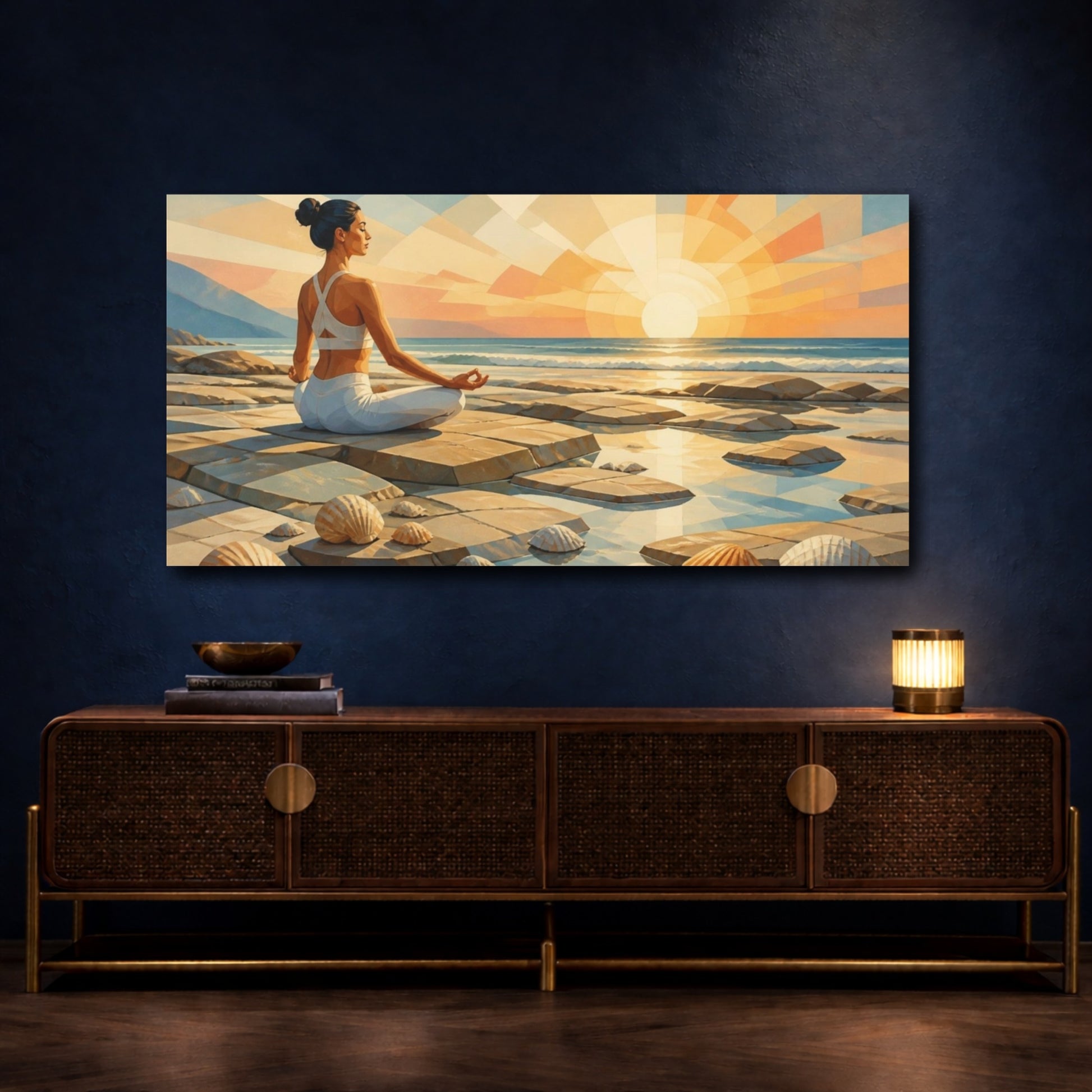 Mockup 4. Sunrise Yoga Woman shown as canvas print