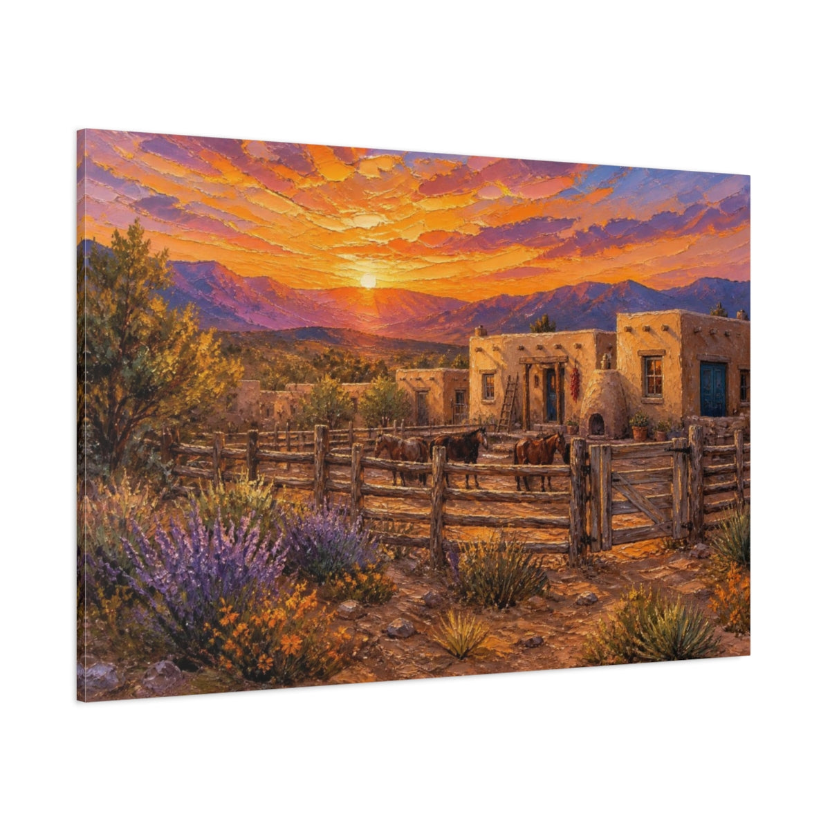 Side Mockup 1. Sunset At Adobe Ranch shown as canvas print