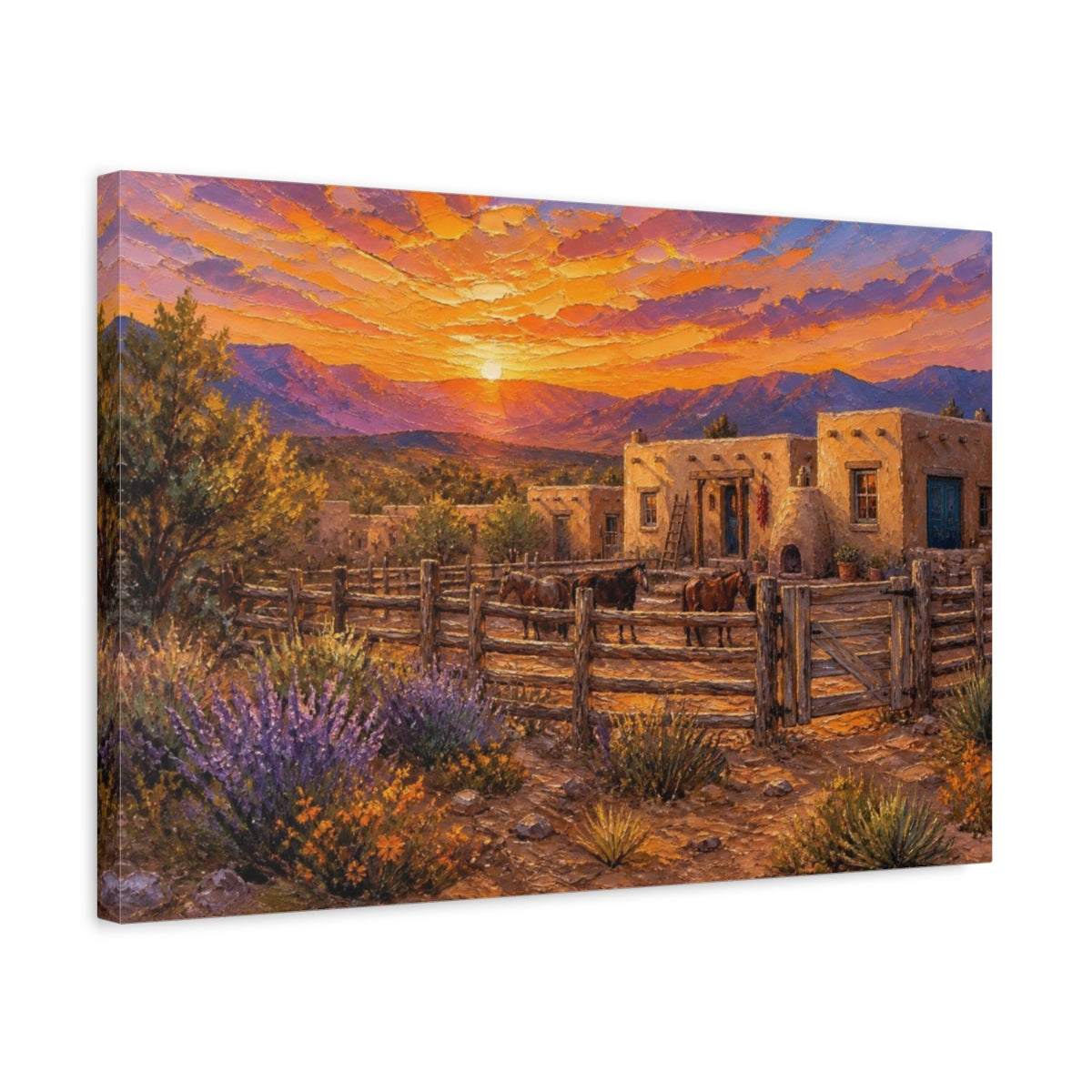Side Mockup 3. Sunset At Adobe Ranch shown as canvas print
