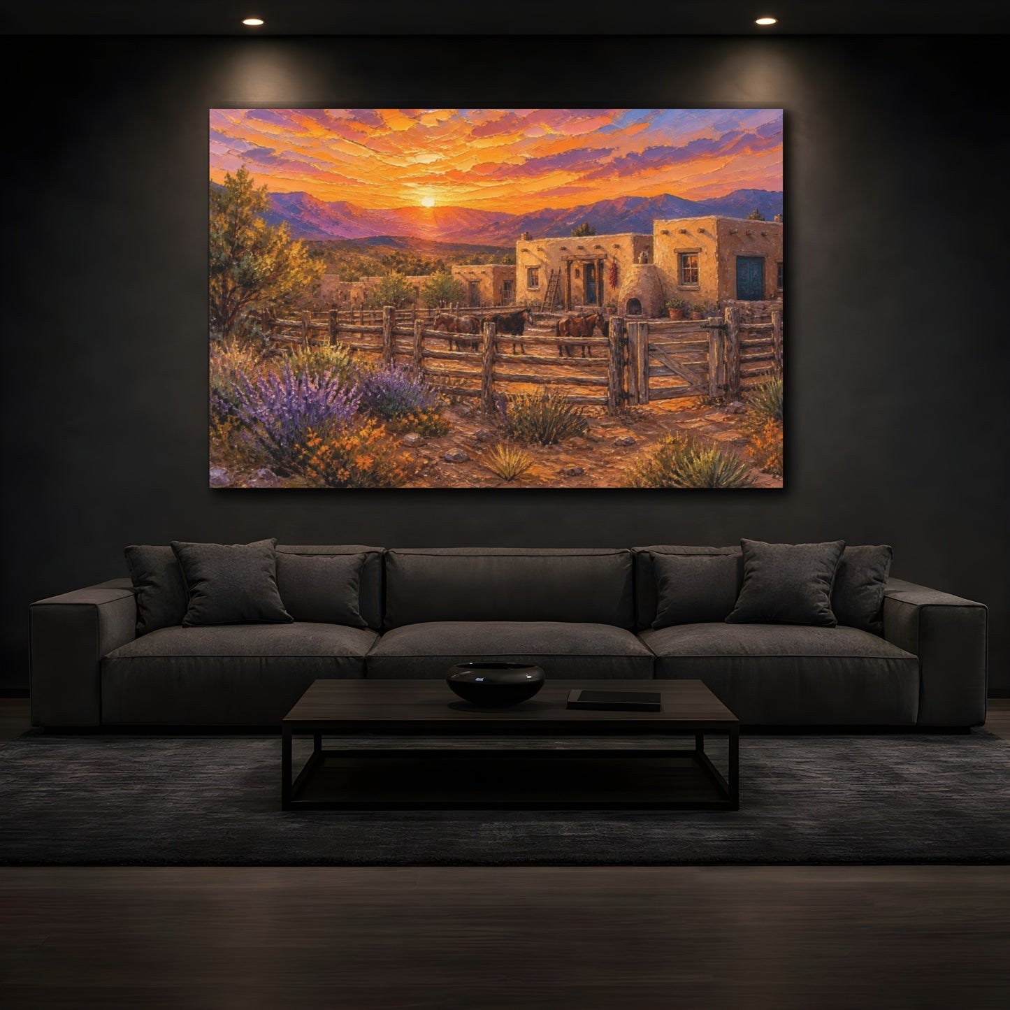 Mockup 3. Sunset At Adobe Ranch shown as canvas print
