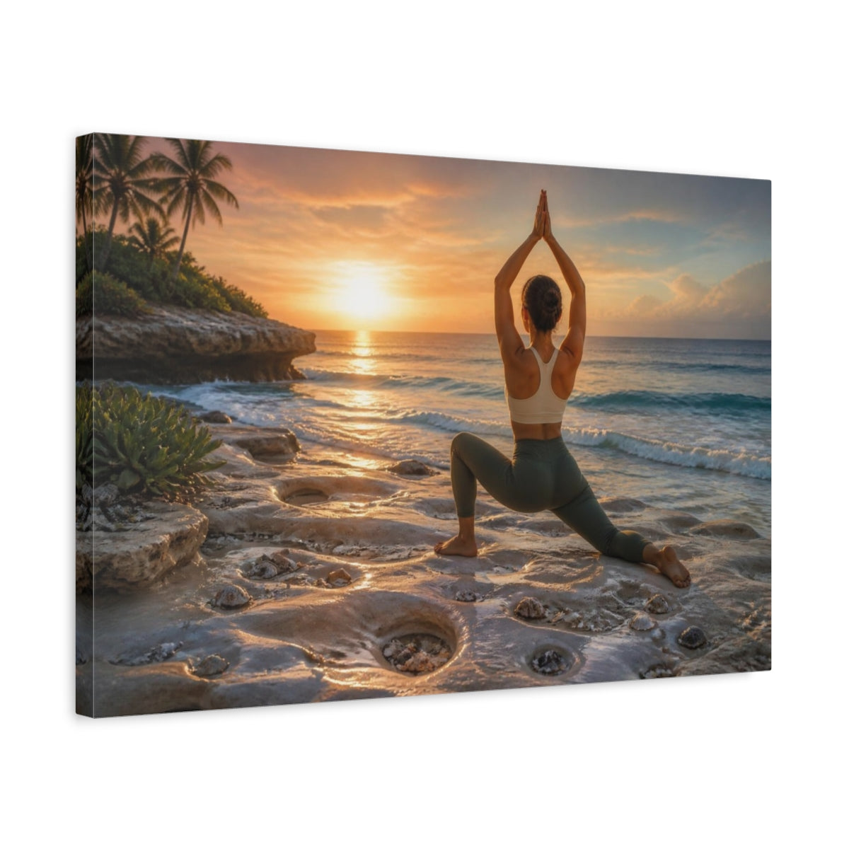 Side Mockup 3. Sunset Beach Yoga shown as canvas print