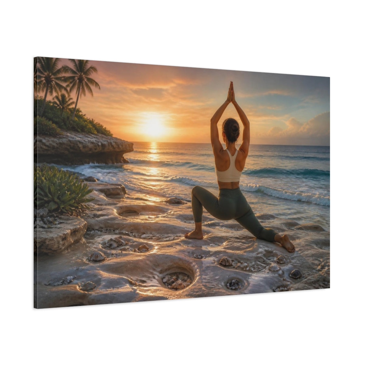 Side Mockup 1. Sunset Beach Yoga shown as canvas print
