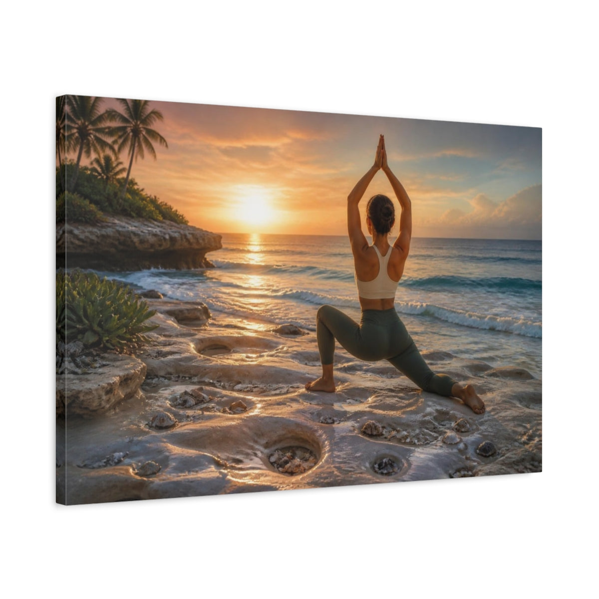 Side Mockup 2. Sunset Beach Yoga shown as canvas print