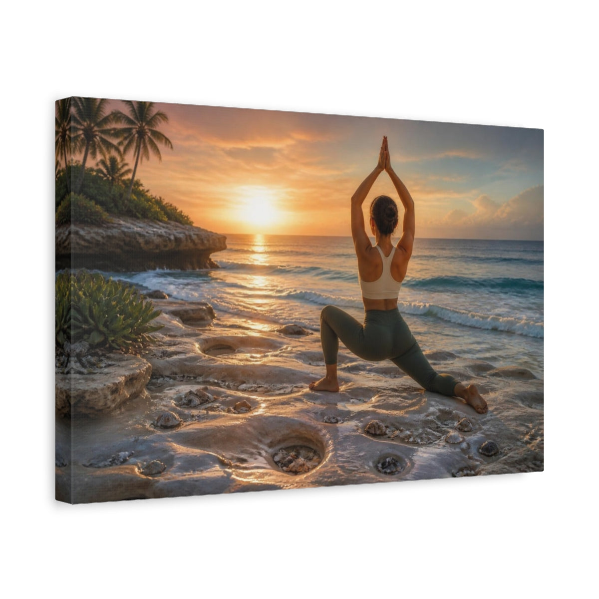 Side Mockup 4. Sunset Beach Yoga shown as canvas print
