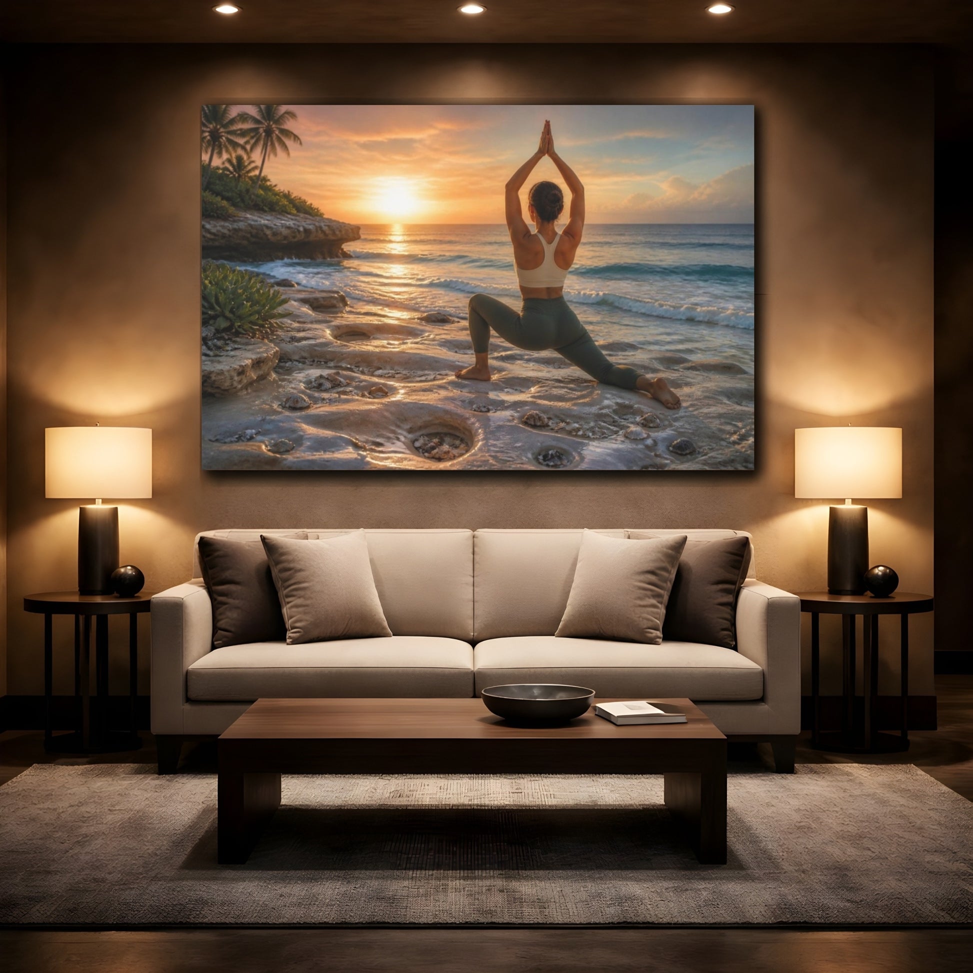 Mockup 2. Sunset Beach Yoga shown as canvas print