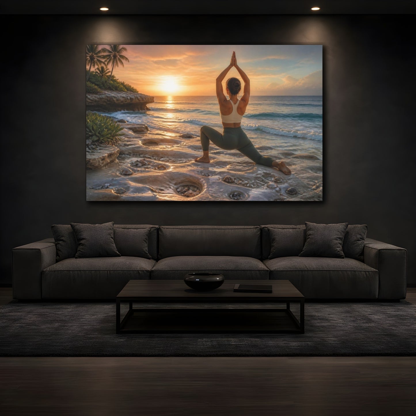 Mockup 3. Sunset Beach Yoga shown as canvas print