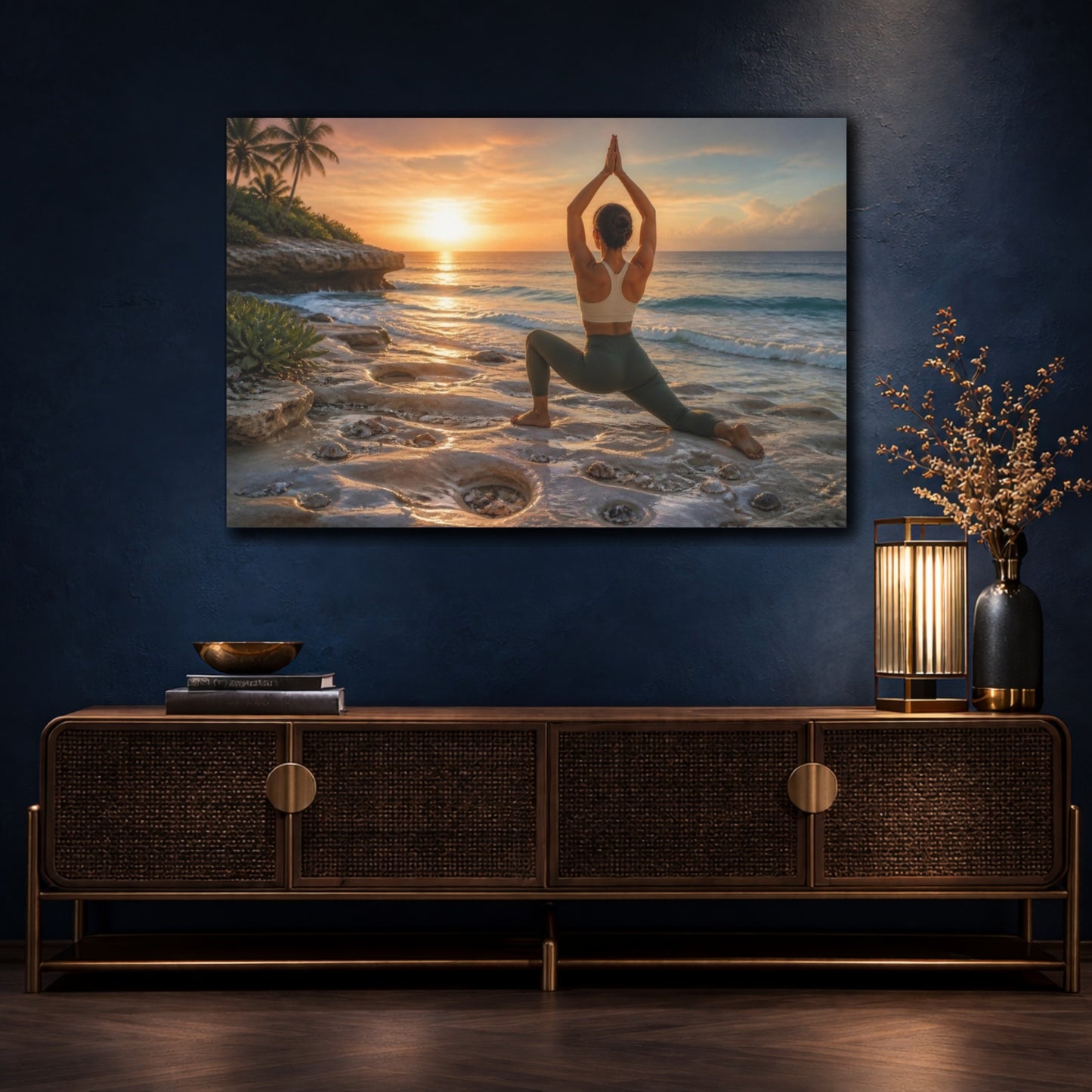 Mockup 4. Sunset Beach Yoga shown as canvas print
