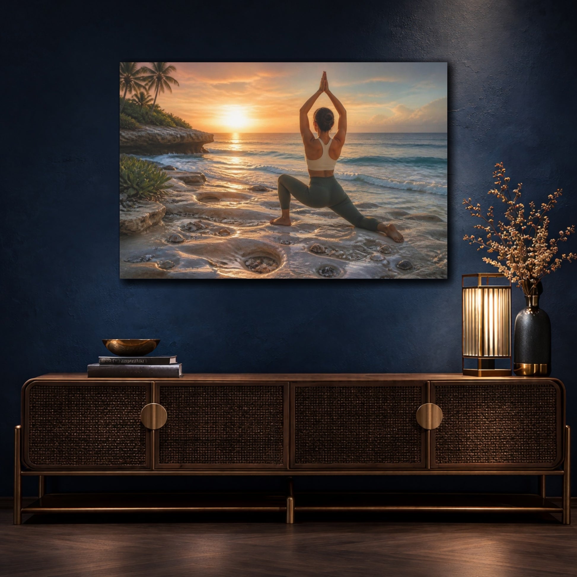 Mockup 4. Sunset Beach Yoga shown as canvas print