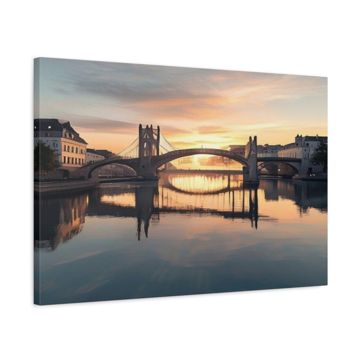 Side Mockup 2. Sunset Bridge Over River shown as canvas print