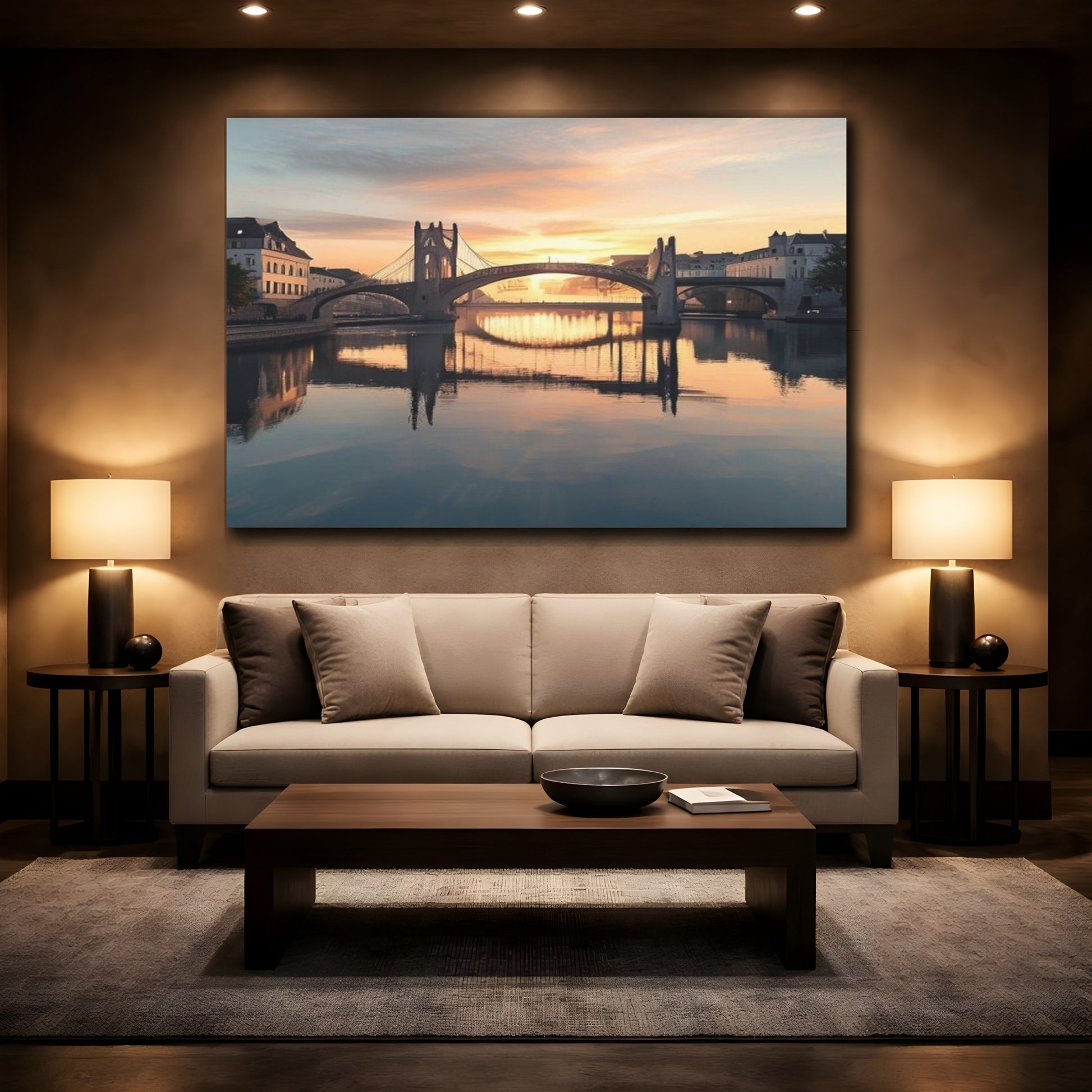 Mockup 2. Sunset Bridge Over River shown as canvas print