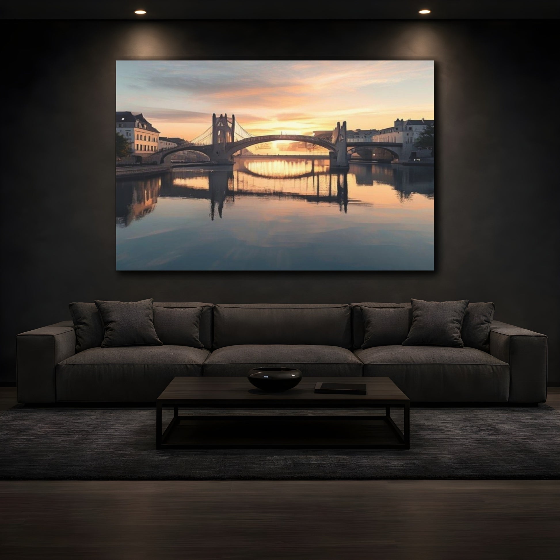 Mockup 3. Sunset Bridge Over River shown as canvas print