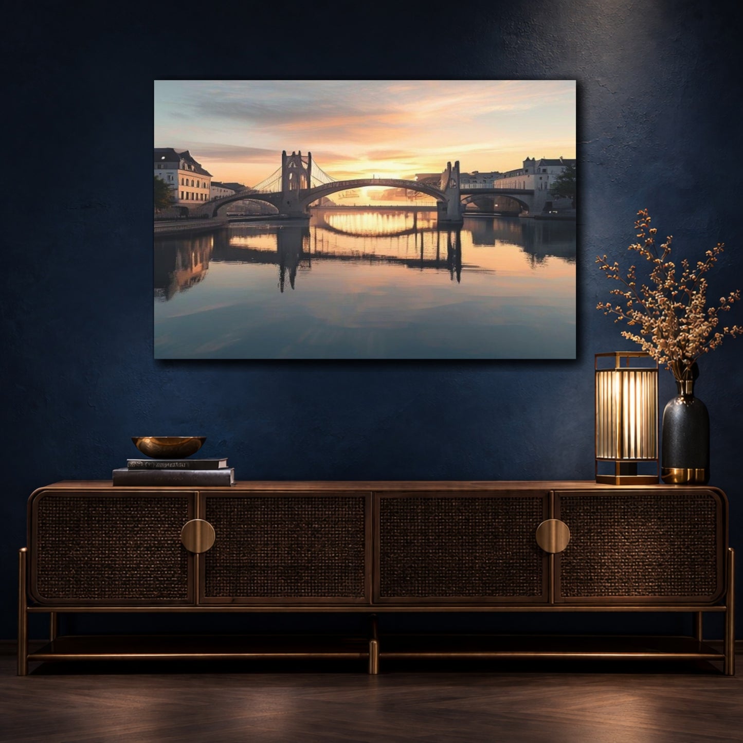 Mockup 4. Sunset Bridge Over River shown as canvas print