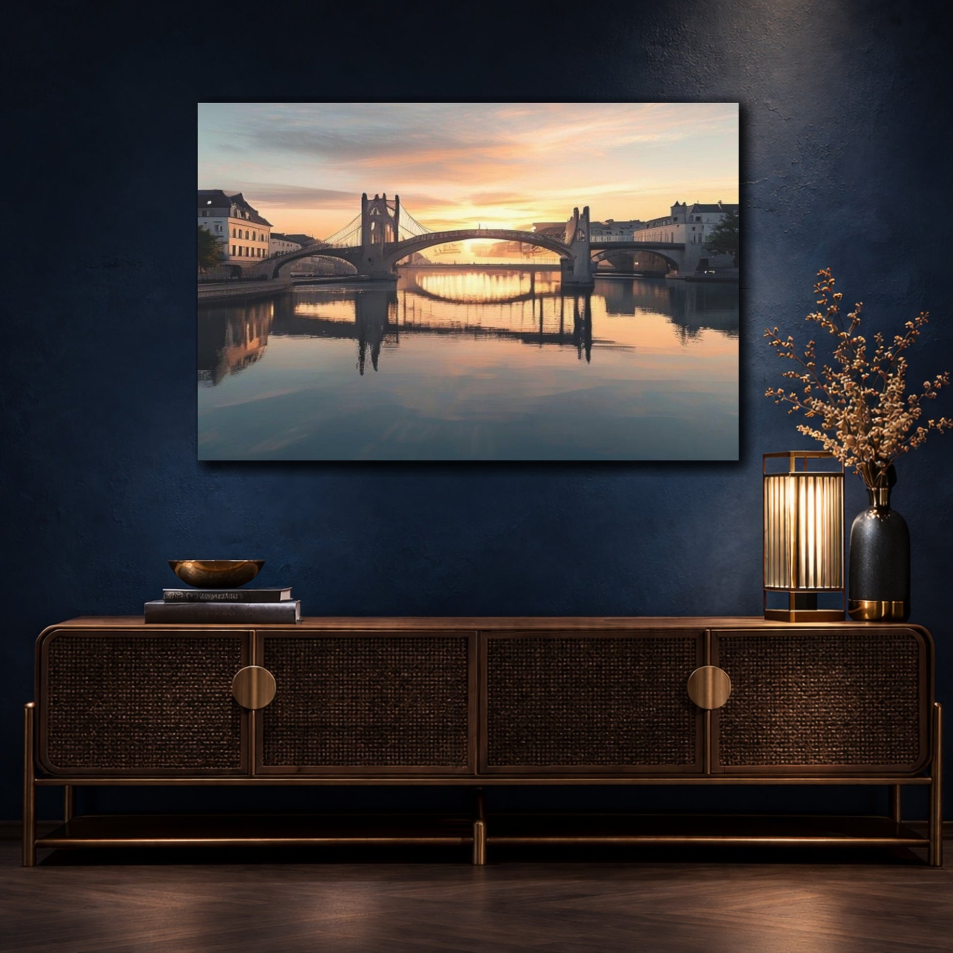 Mockup 4. Sunset Bridge Over River shown as canvas print