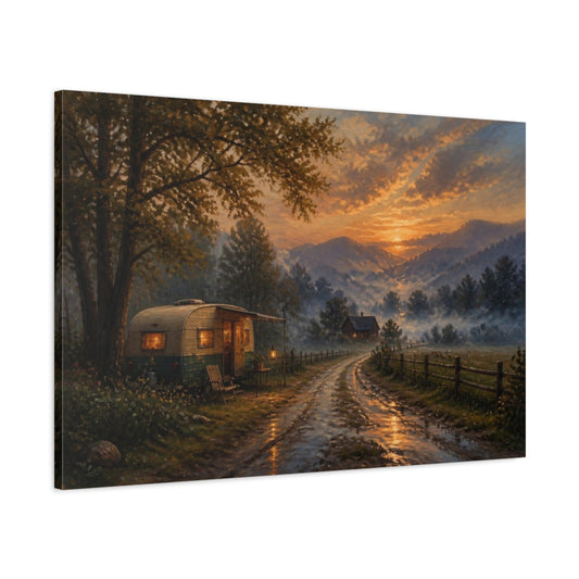 Main Mockup. Sunset Camper On Country Lane shown as canvas print