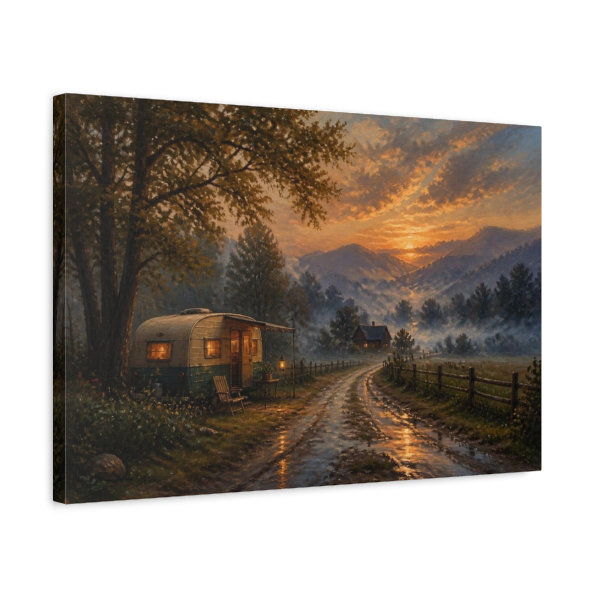 Side Mockup 3. Sunset Camper On Country Lane shown as canvas print