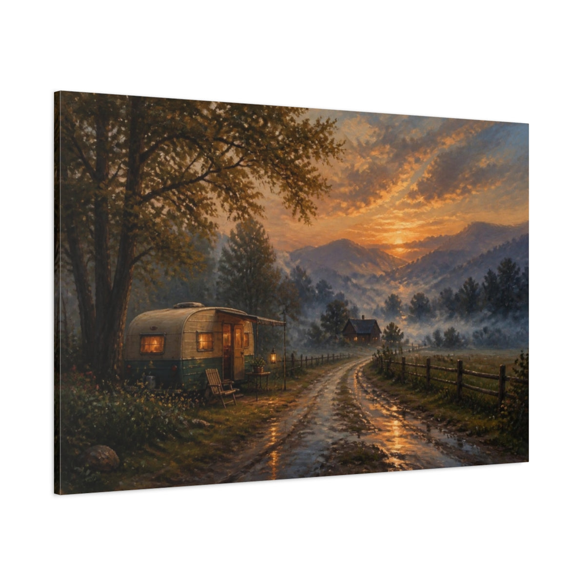 Side Mockup 1. Sunset Camper On Country Lane shown as canvas print