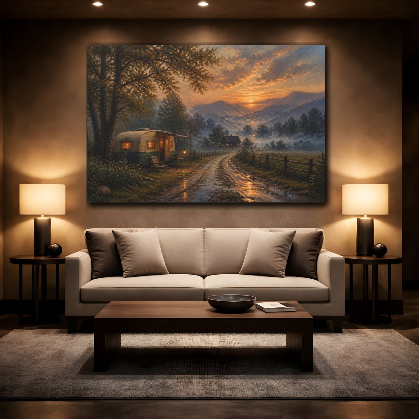 Mockup 2. Sunset Camper On Country Lane shown as canvas print