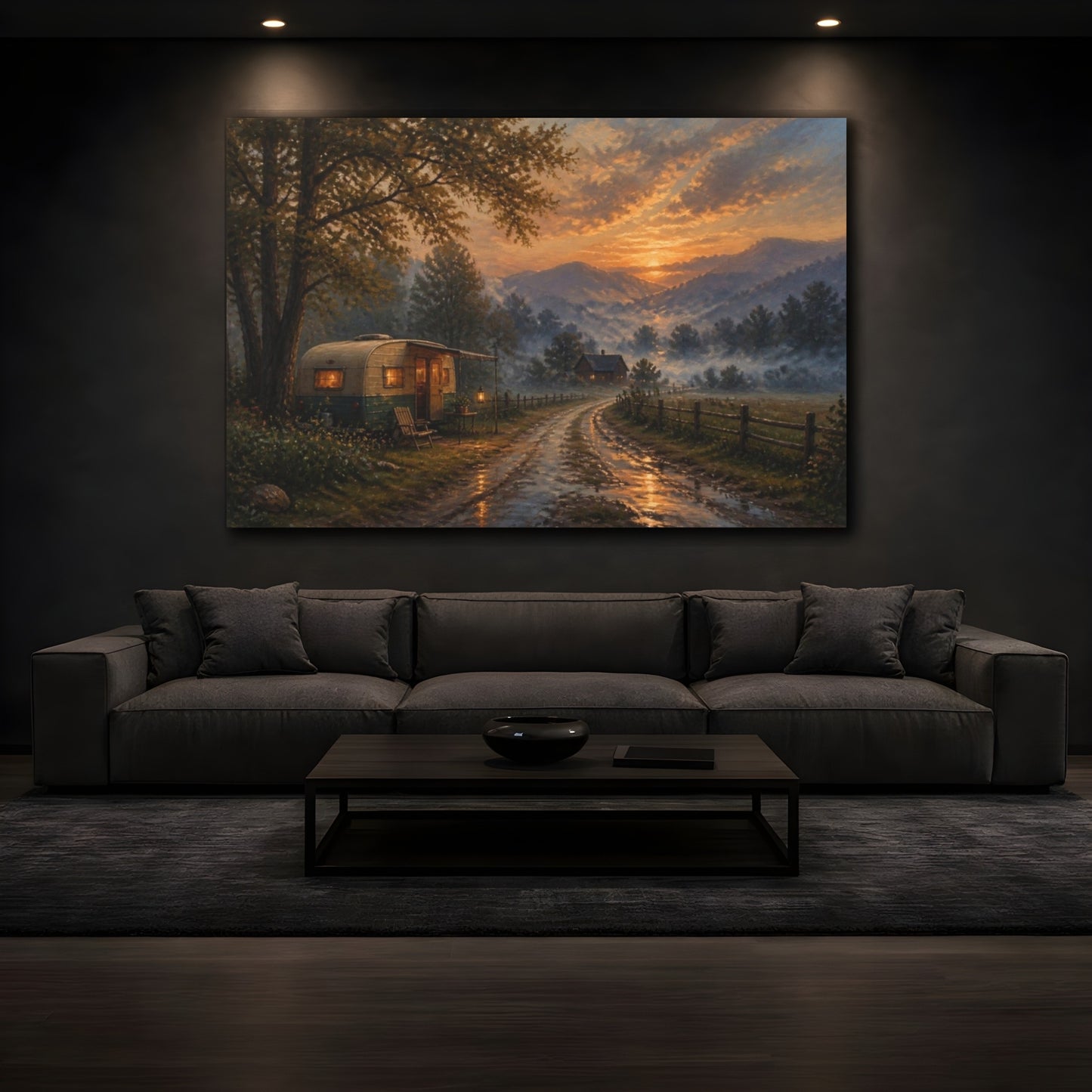 Mockup 3. Sunset Camper On Country Lane shown as canvas print