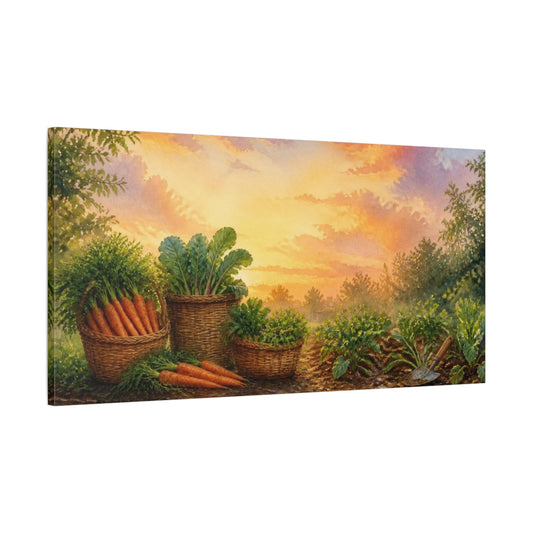 Main Mockup. Sunset Carrot Harvest shown as canvas print