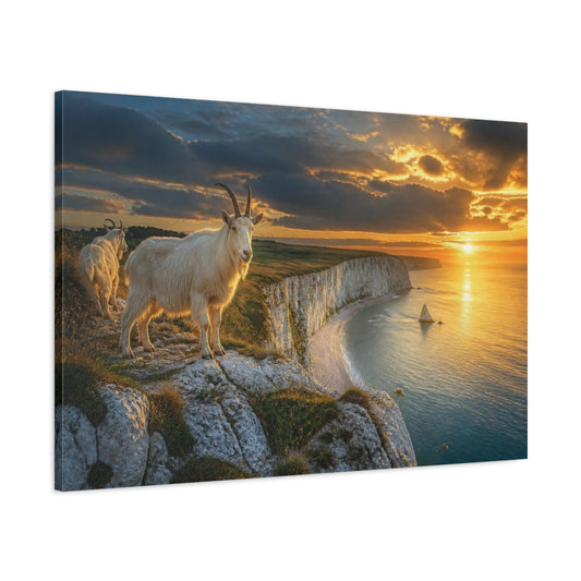 Main Mockup. Sunset Cliffs With Goats shown as canvas print