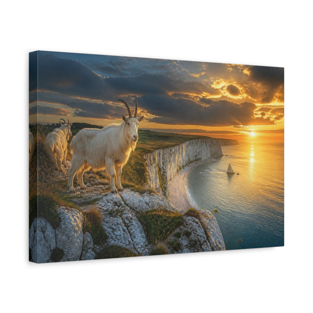 Side Mockup 4. Sunset Cliffs With Goats shown as canvas print