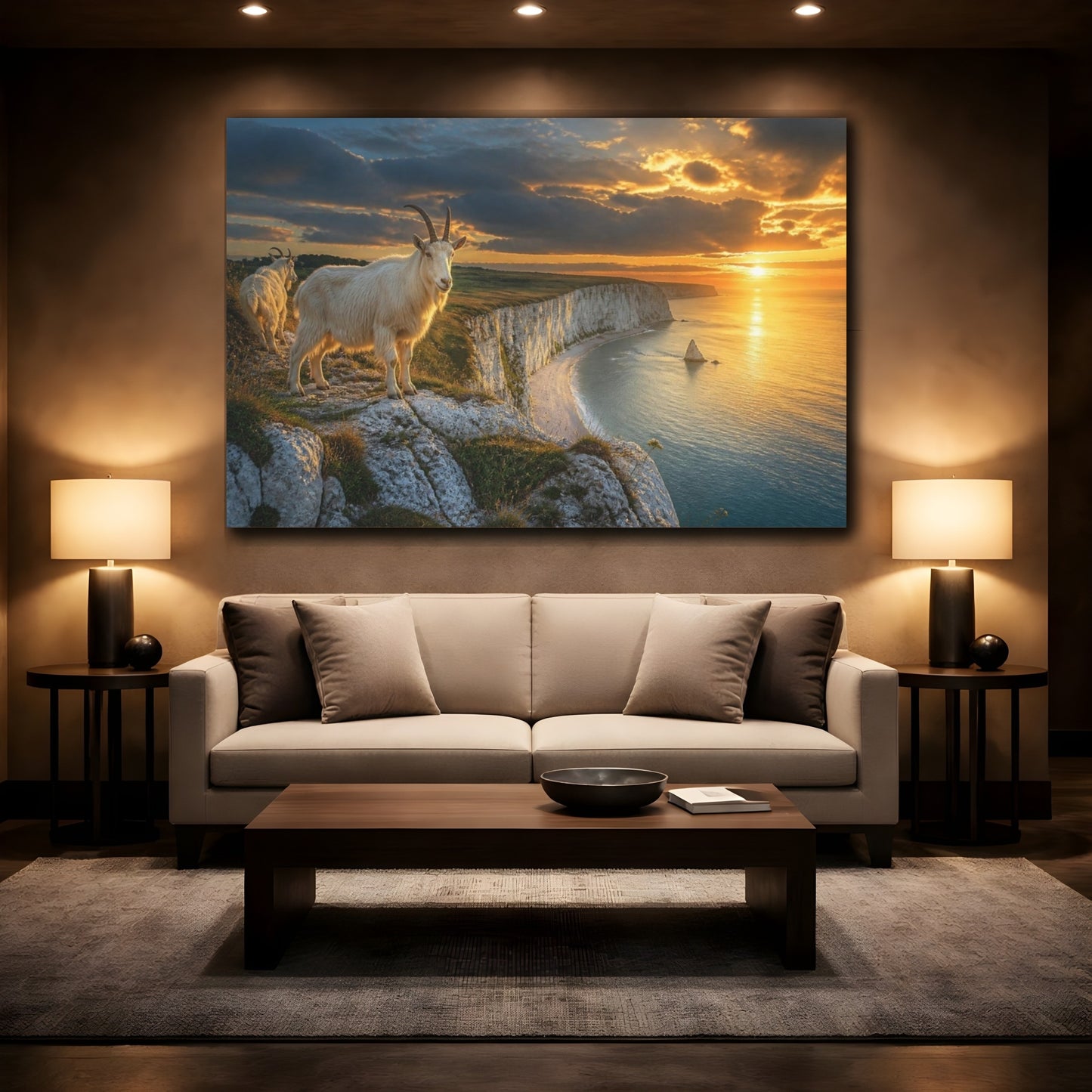 Mockup 2. Sunset Cliffs With Goats shown as canvas print