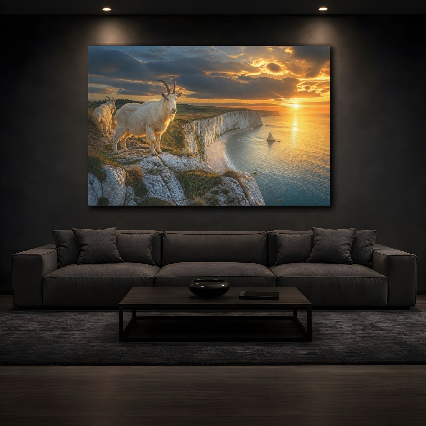 Mockup 3. Sunset Cliffs With Goats shown as canvas print