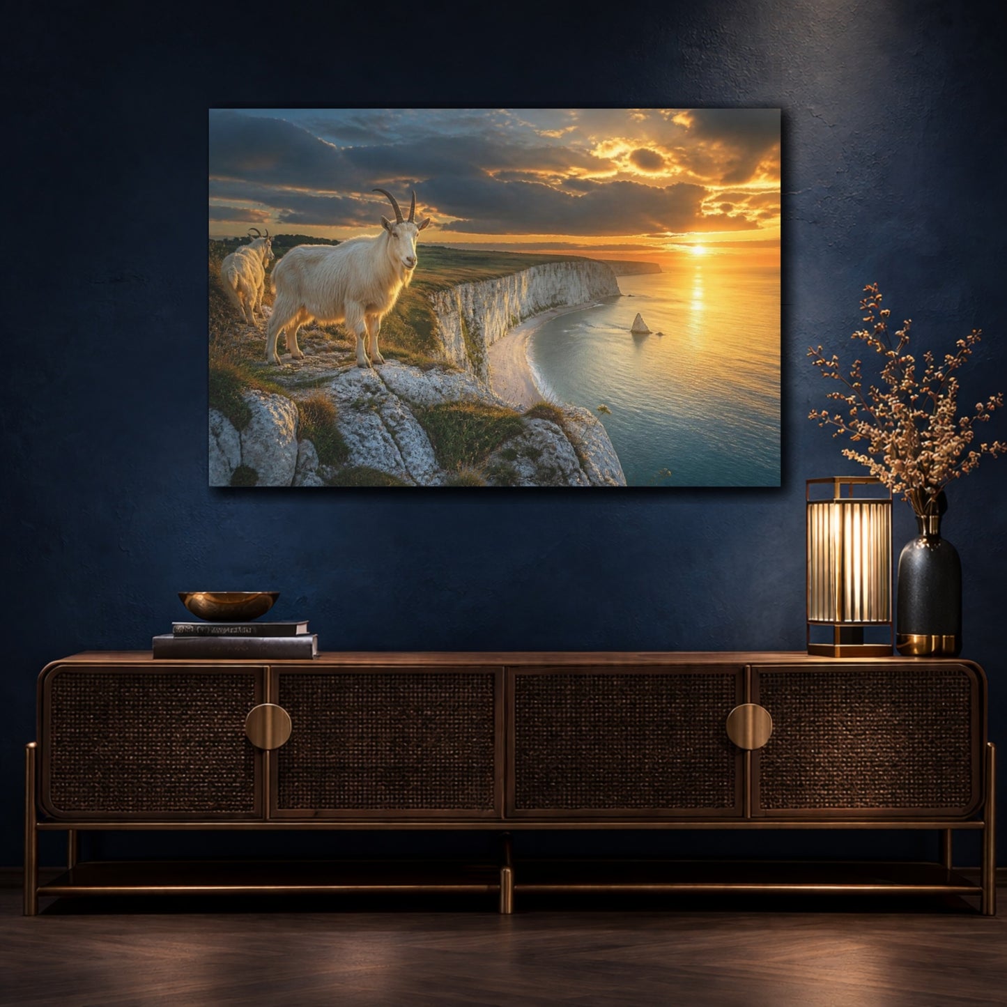 Mockup 4. Sunset Cliffs With Goats shown as canvas print