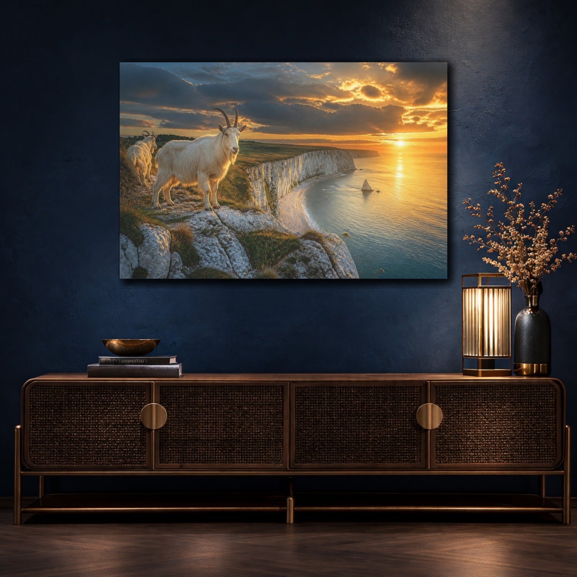 Mockup 4. Sunset Cliffs With Goats shown as canvas print