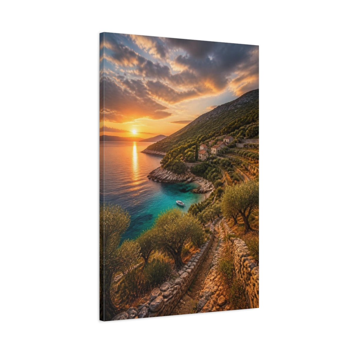 Main Mockup. Sunset Coastal Cove Landscape shown as canvas print