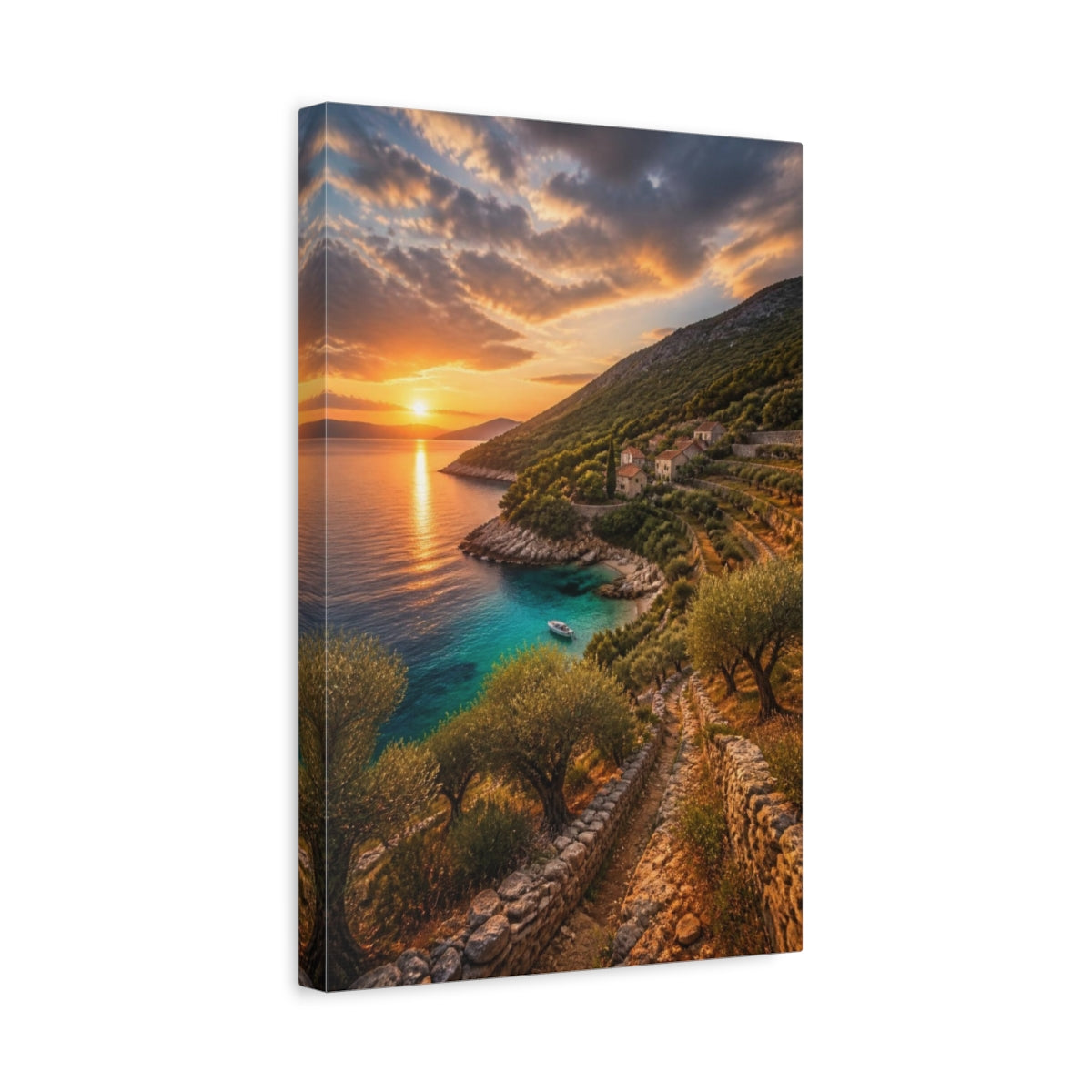 Side Mockup 4. Sunset Coastal Cove Landscape shown as canvas print