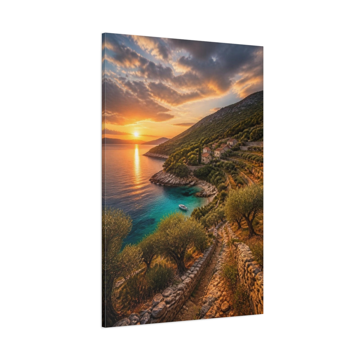 Side Mockup 1. Sunset Coastal Cove Landscape shown as canvas print