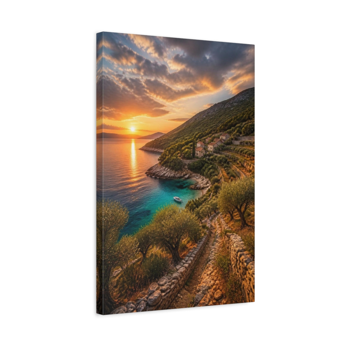 Side Mockup 3. Sunset Coastal Cove Landscape shown as canvas print