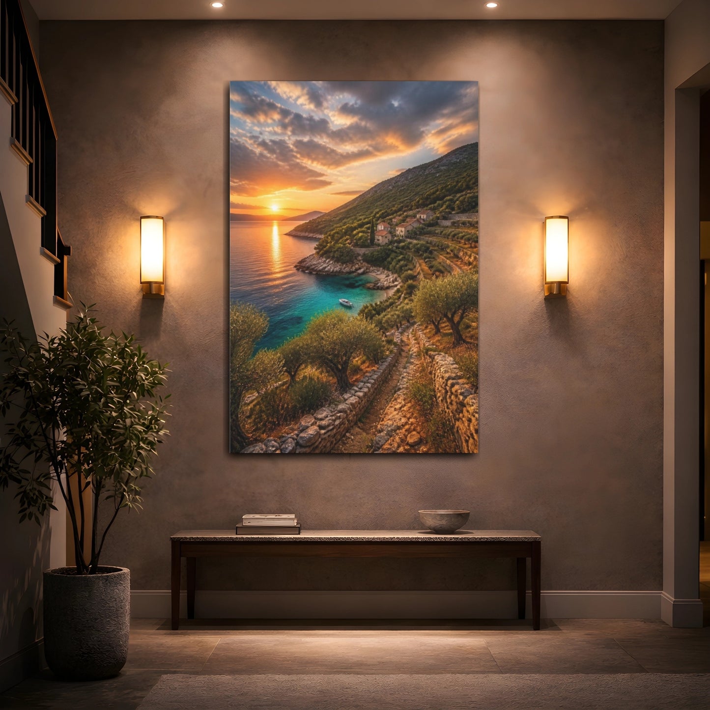 Mockup 2. Sunset Coastal Cove Landscape shown as canvas print