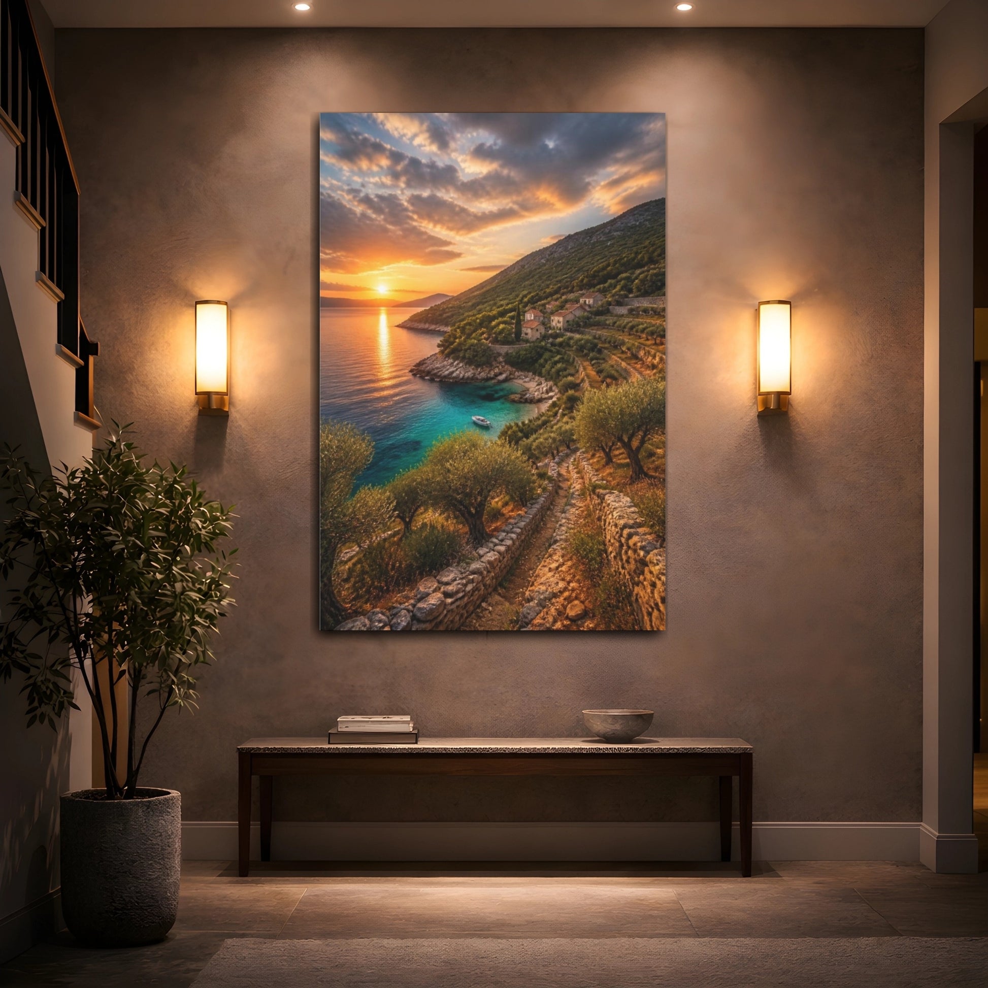 Mockup 2. Sunset Coastal Cove Landscape shown as canvas print