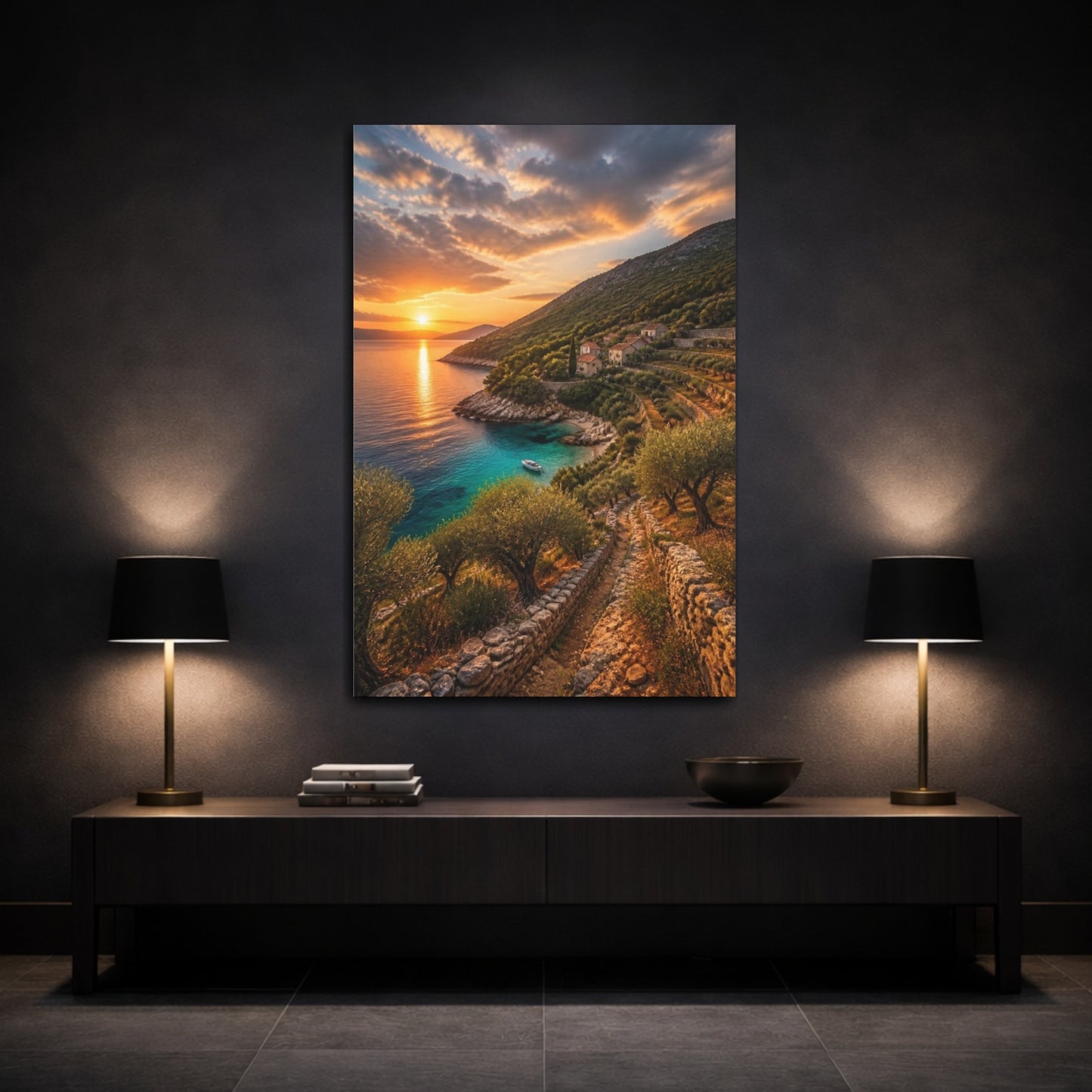 Mockup 3. Sunset Coastal Cove Landscape shown as canvas print