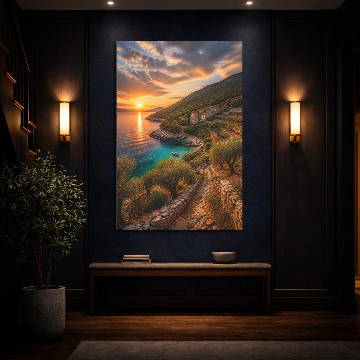 Mockup 4. Sunset Coastal Cove Landscape shown as canvas print