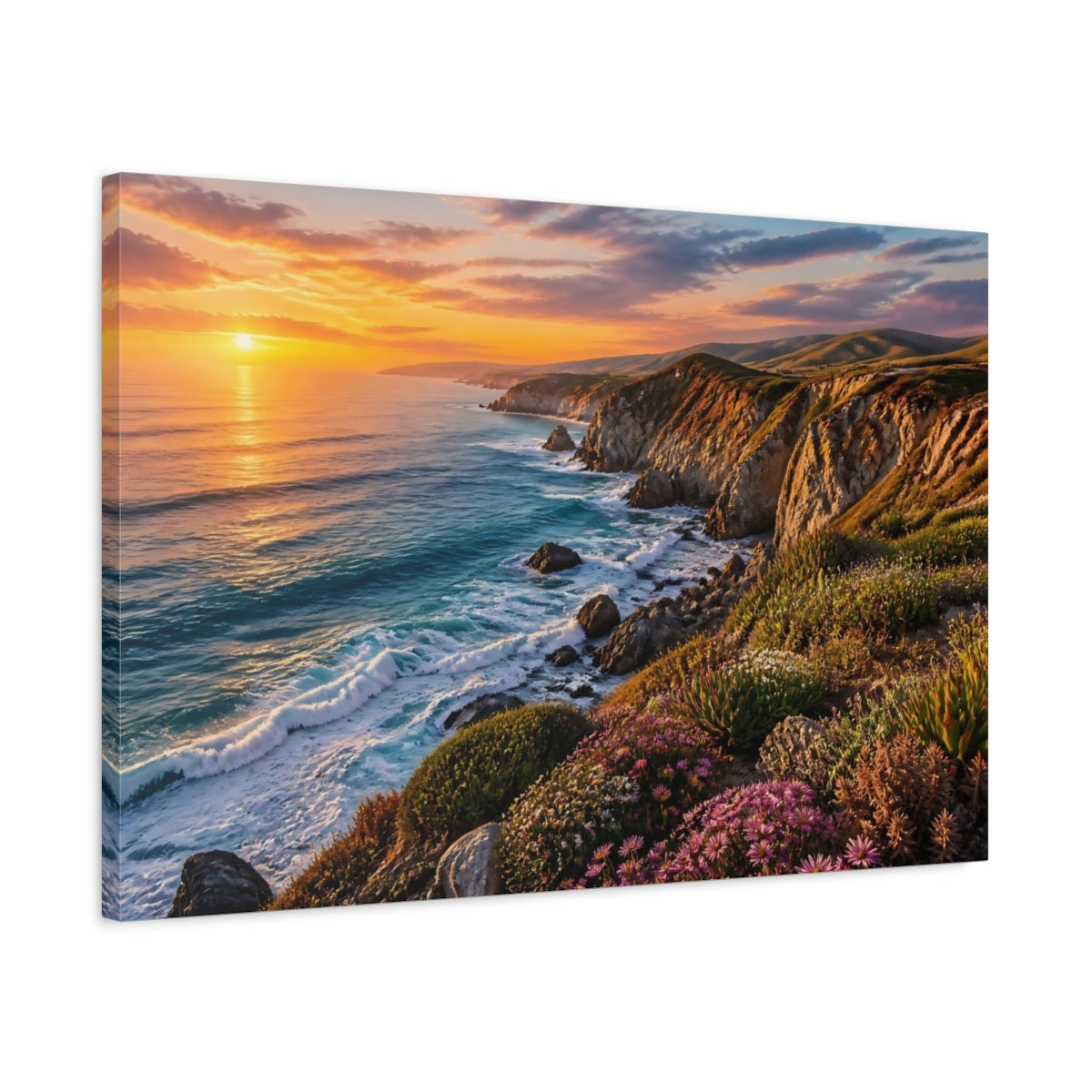 Side Mockup 2. Sunset Coastal Landscape shown as canvas print