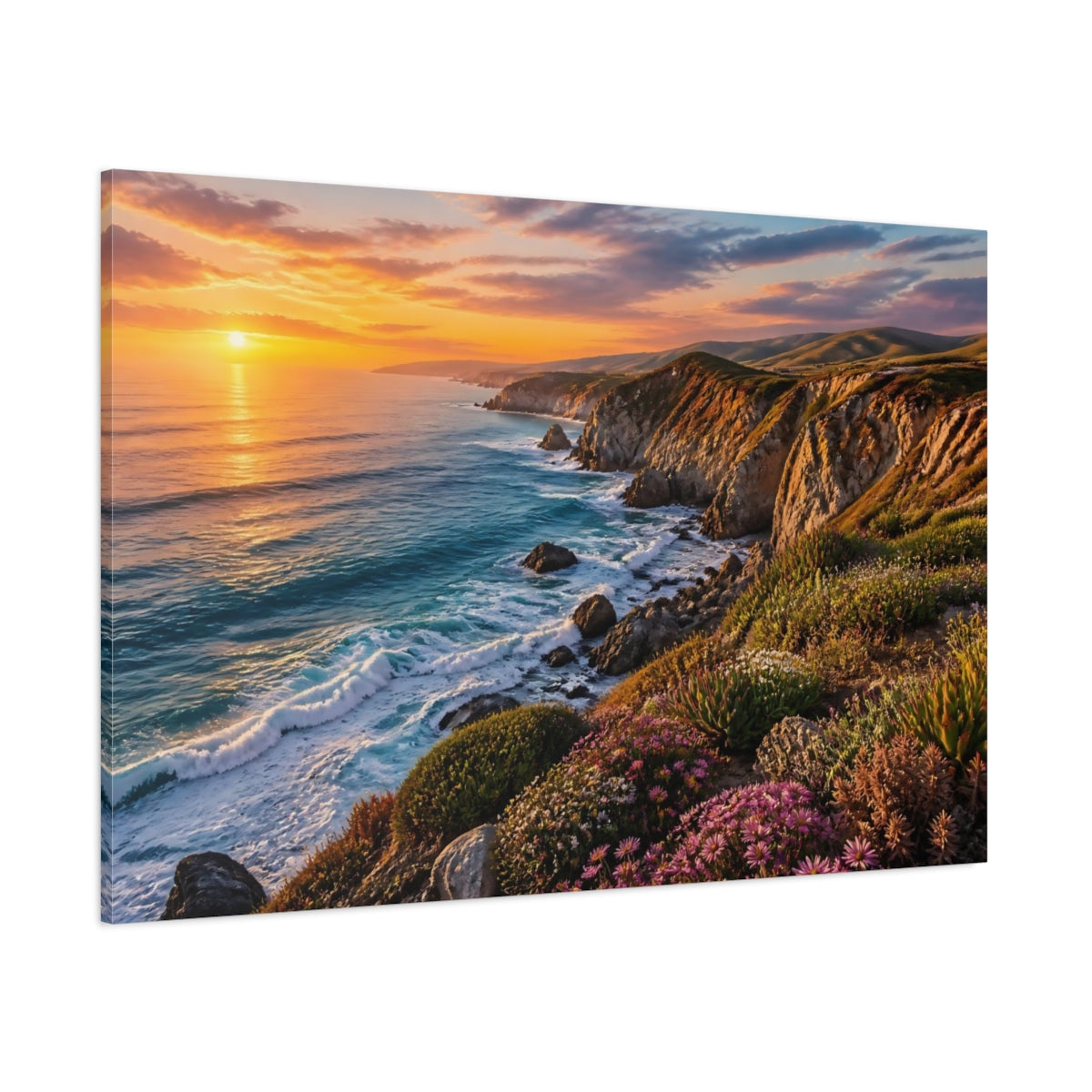 Side Mockup 1. Sunset Coastal Landscape shown as canvas print