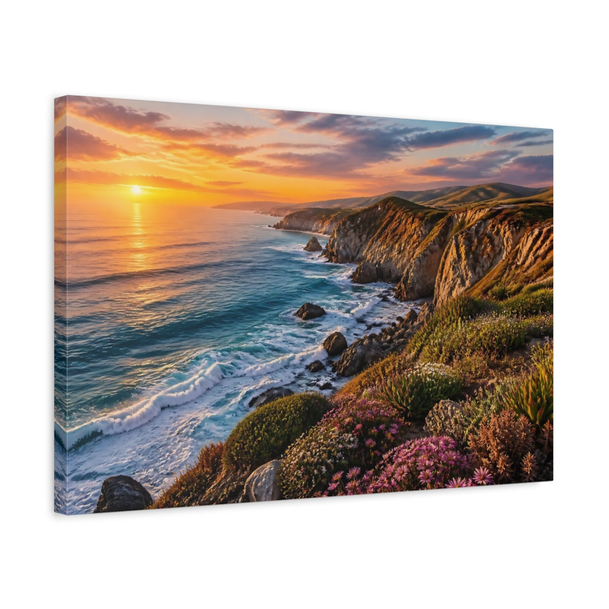 Side Mockup 3. Sunset Coastal Landscape shown as canvas print