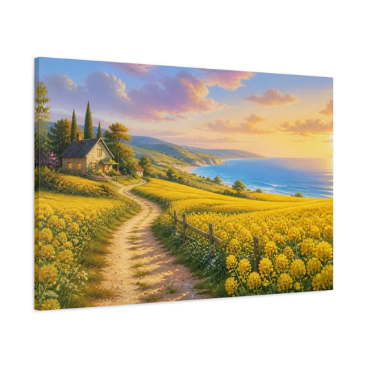 Main Mockup. Sunset Cottage By The Sea shown as canvas print