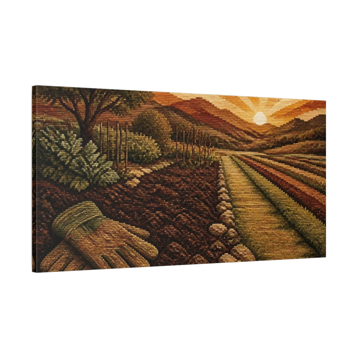 Main Mockup. Sunset Farmland With Gloves shown as canvas print
