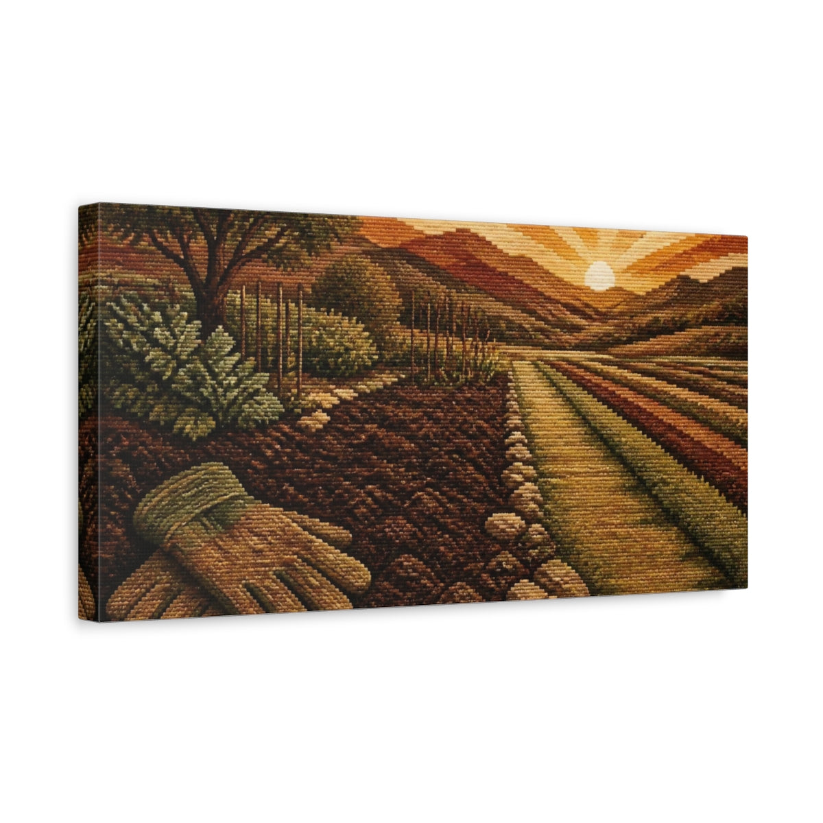 Side Mockup 3. Sunset Farmland With Gloves shown as canvas print