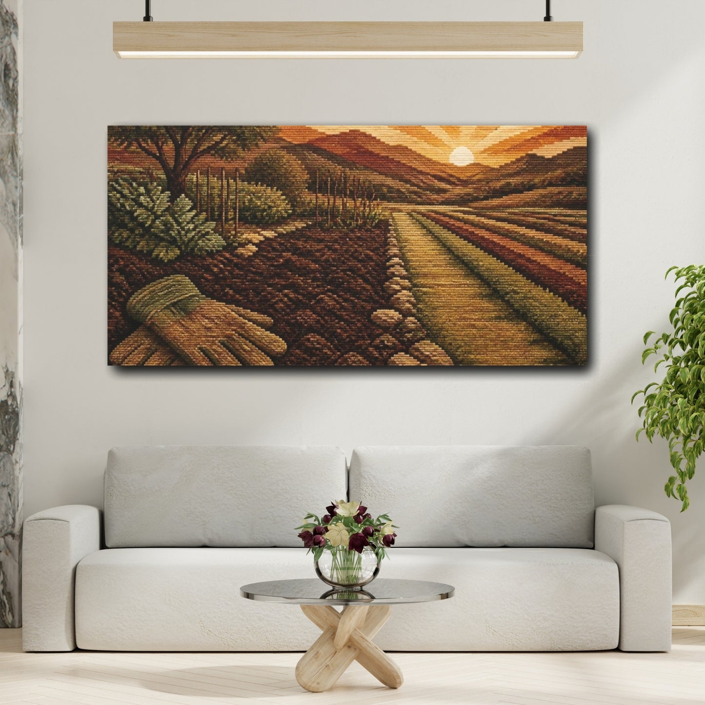 Mockup 2. Sunset Farmland With Gloves shown as canvas print