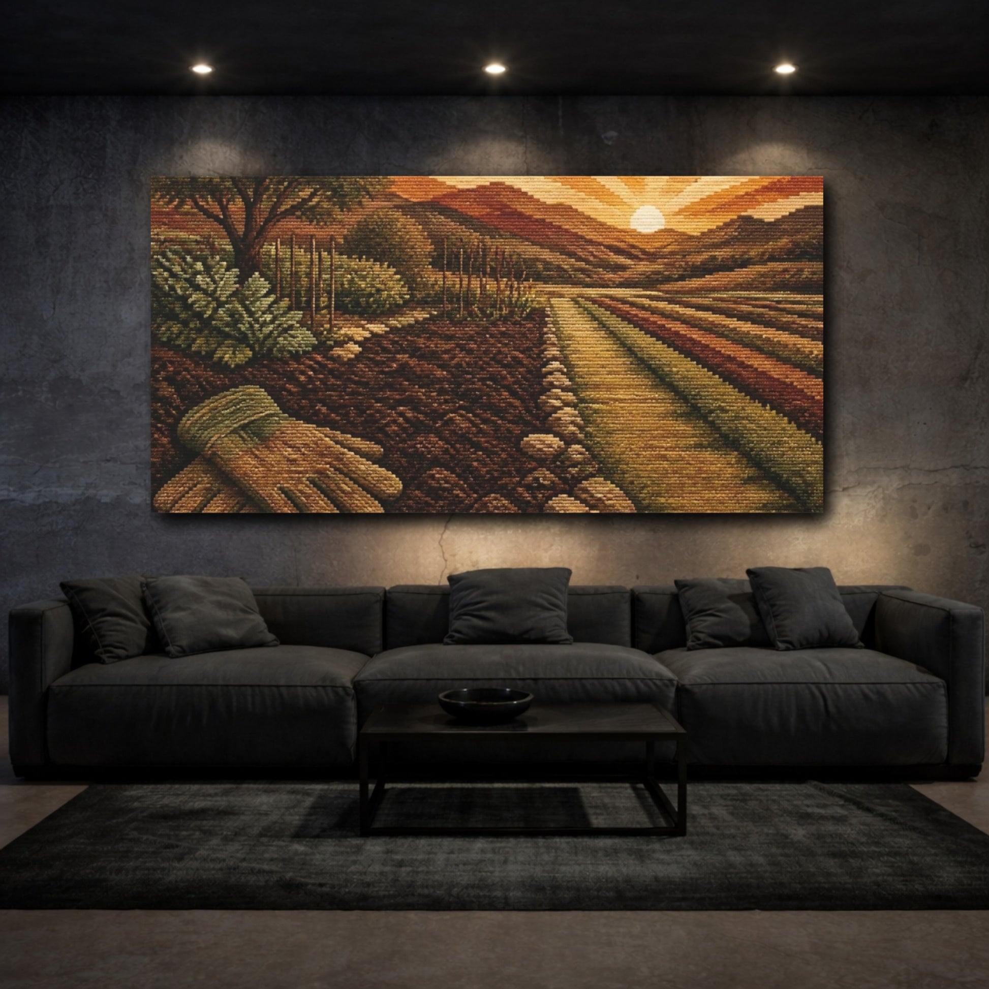 Mockup 3. Sunset Farmland With Gloves shown as canvas print